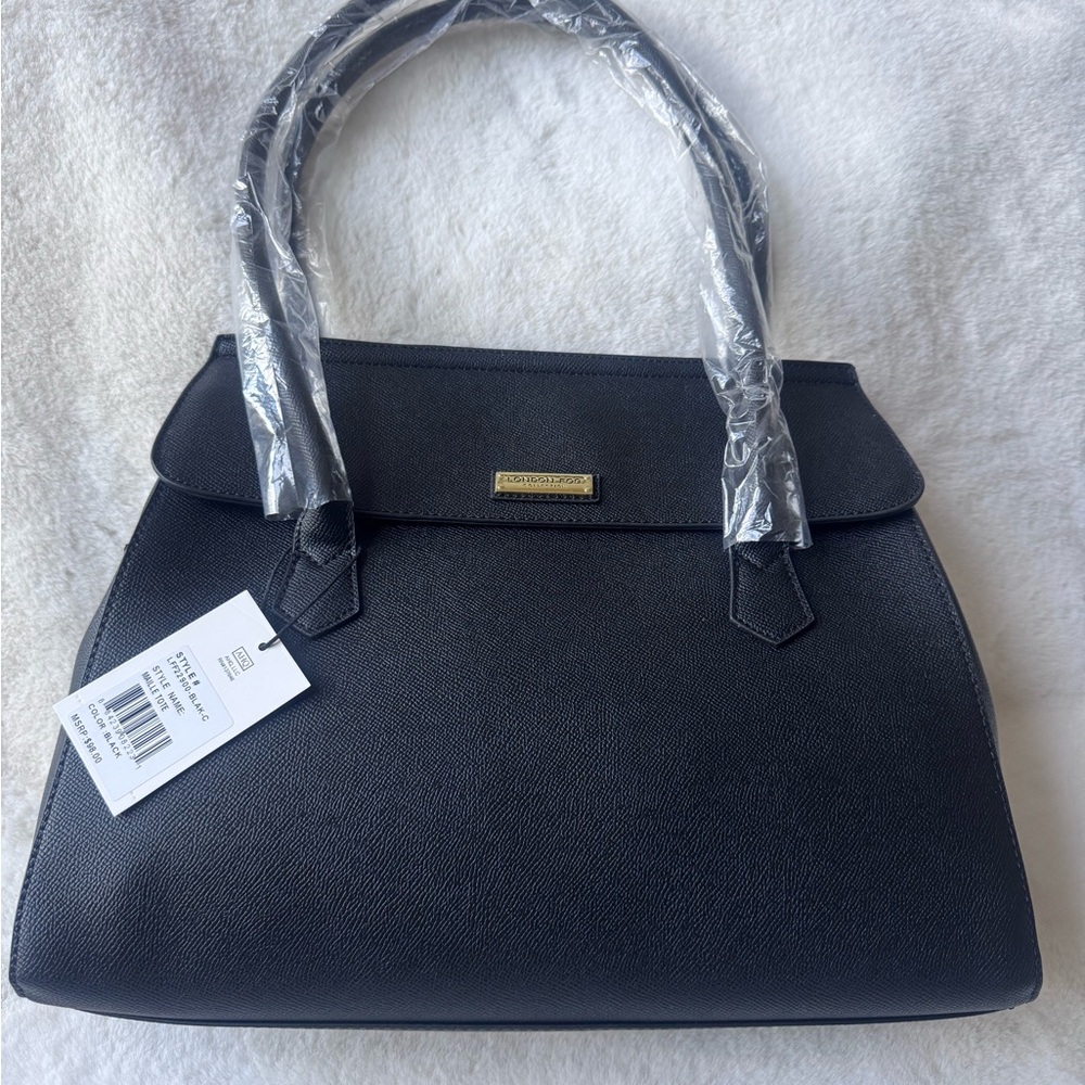 London Fog Black Strutured Satchel Handbag with Double Handles Brand New